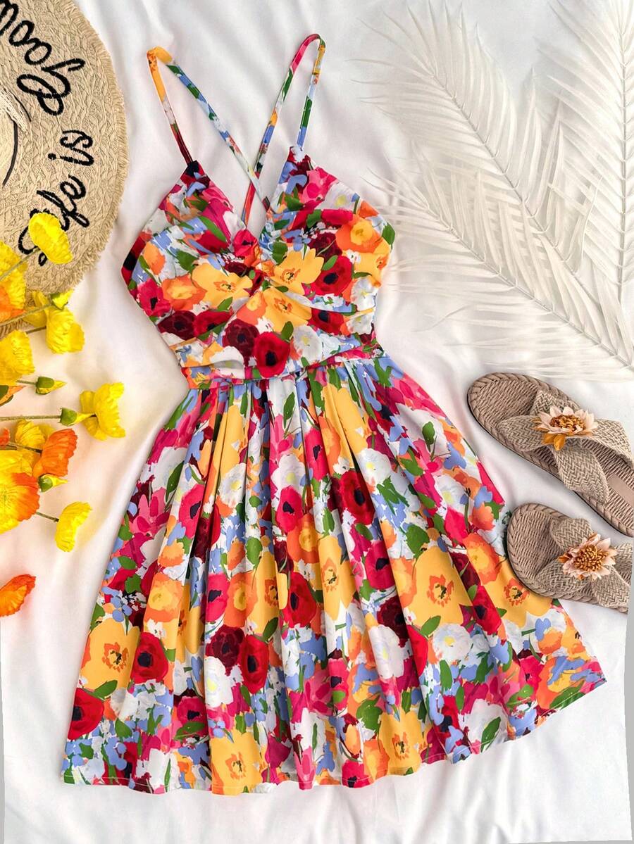 SHEIN Váy dài hở lưng chữ V sâu in họa tiết hoa rực rỡ màu cam-đỏ-trắng cho bé gái tuổi teen, thích hợp cho tiệc cưới, lễ tốt nghiệp, trở lại trường, tiệc trưa dễ thương, tiệc độc thân, váy mùa hè, kỳ nghỉ/ngày lễ, cổ điển//bãi biển/biển/thanh lịch/váy/dễ thương - Nhiều màu - Xem 1