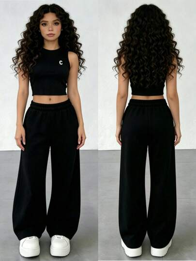 Set de 2 piezas para mujer con camiseta de manga corta de unicolor y pantalones con cordón en la cintura, estilo casual