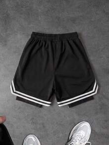 BATMAN X SHEIN Sport MetroGents Men's Striped Drawstring Waist Double-Layer Sports Shorts, Gym - Black - View 2