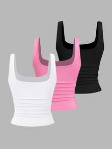 Sweetra Áo tank top cổ tròn xếp ly dáng rộng dành cho nữ, thích hợp mặc mùa hè. - Nhiều màu - Xem 2