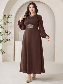 Veilorie Plus Size Women's Long Sleeve Elegant Rhinestone Embellished Dress Fall - Coffee Brown - View 7