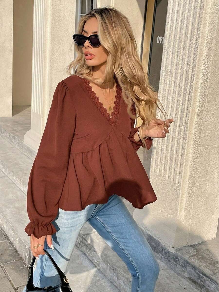 Serisse Blusa de manga larga con cuello en V, unicolor, con volantes y parches de encaje para el verano - Rojo - Ver 1