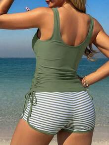 Swim Lushoire Áo bikini hai dây kiểu dáng rộng rãi, thoải mái, thích hợp cho kỳ nghỉ xuân của nữ, in họa tiết cây nhiệt đới, thích hợp cho bãi biển. - xanh quân đội - Xem 3