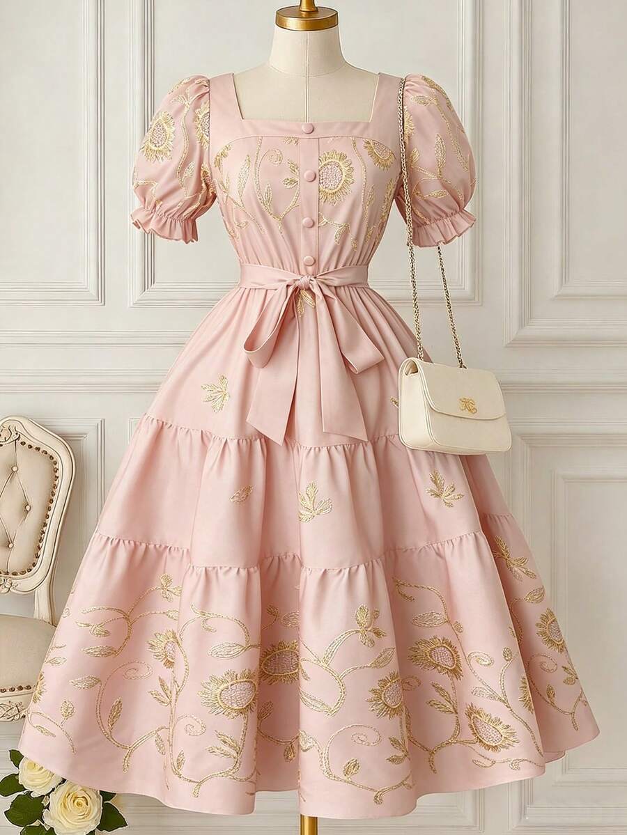 Rometta Plus Size Women Floral Embroidery Square Neck Petal Sleeve Elegant Dress - Pink - View 1