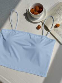 Comfortcana Plus Size Women Solid Color Cropped Camisole, Casual & Versatile - Blue - View 7
