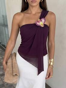 Aloruh Women's Vacation Style Ruched Bandeau Top, Romantic Purple Bohemian Fitted Pullover - Purple - View 6