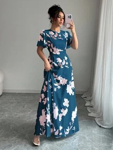 Elenzga 荷叶边袖圆领收腰数码印花优雅浪漫女装 - 彩色 - 查看 5