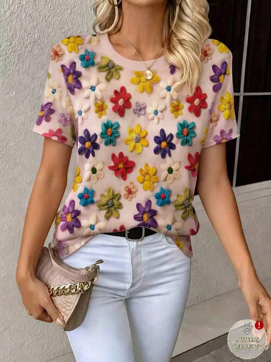 EMERY ROSE تي شيرت نسائي بتصميم طباعة زهور، بقصة عادية، إطلالة أنيقة، أكمام قصيرة، ملائم للارتداء اليومي، مناسب للخارج والمكتب - متعدد الألوان - مشاهدة 1