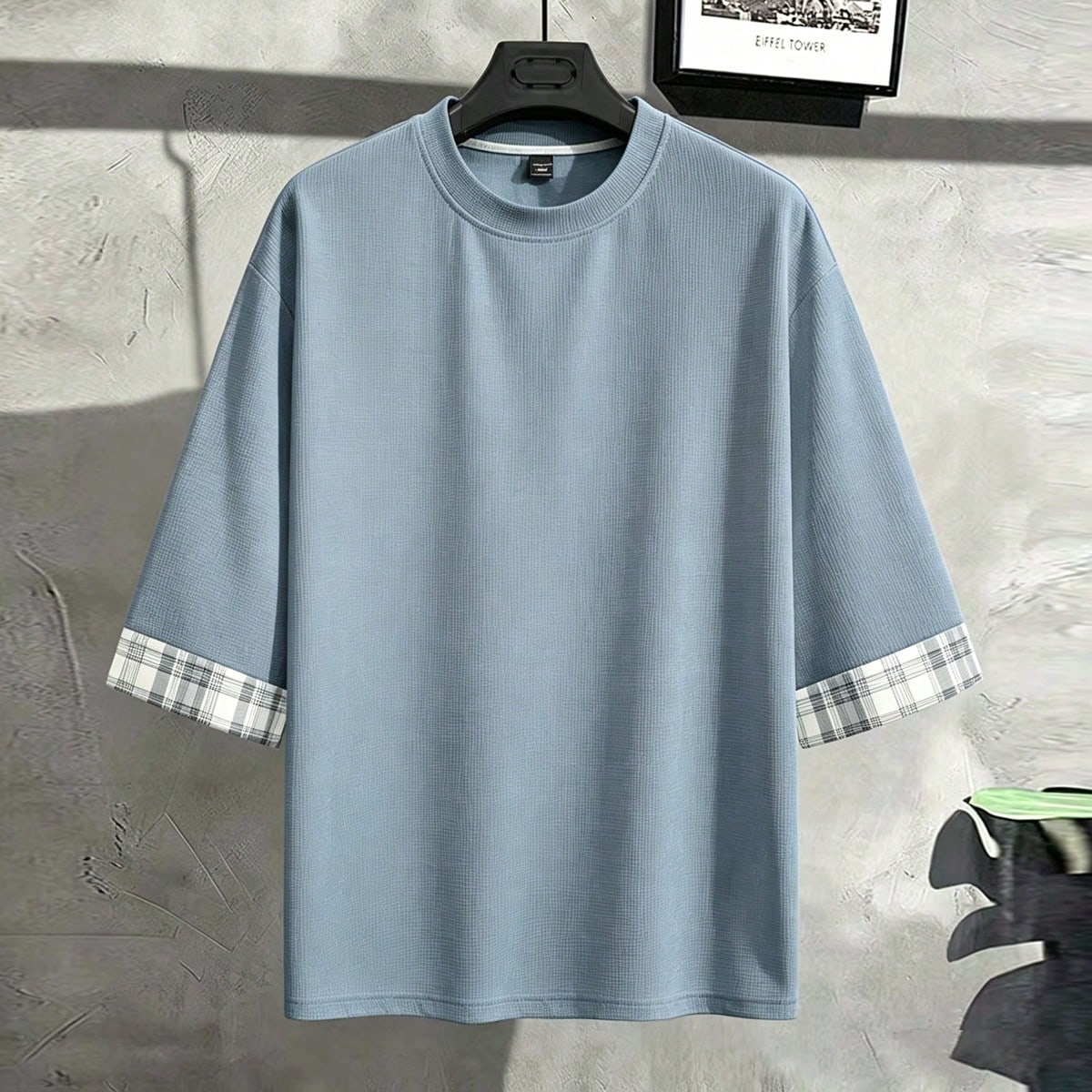 Camiseta casual de hombre de talla grande con estampado de cuadros y parches, para verano