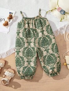 SHEIN 米色夏季端莊親子套裝，媽媽與女兒小碎花荷葉邊連身褲，女童海灘度假休閒連身褲 - 綠色 - 查看 4