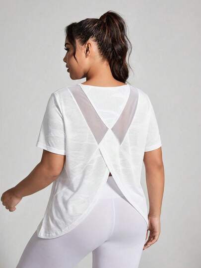 Rhythm Era Áo thun ngắn tay thể thao dành cho nữ cỡ lớn, thích hợp cho yoga, hoạt động ngoài trời và tập gym, với phần lưng lưới đan chéo.