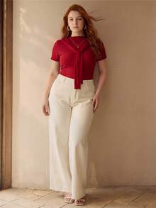 MOTF PREMIUM PLUS SIZE WOMEN'S RIBBED TIE-UP DECOR CASUAL COMMUTE VERSATILE T-SHIRT - Red - View 4