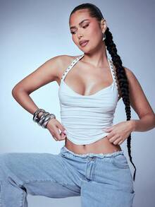 Denimoi Summer Sexy Casual Rivet Draped Neck Pleated Blouse For Women - White - View 6
