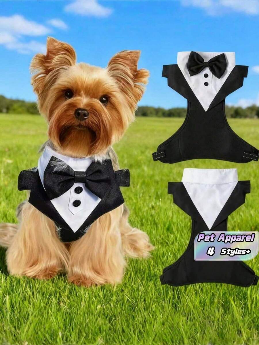 1 pieza Elegante traje de boda para mascotas con chaleco, corbata de moño, arnés y correa para perro para ceremonias, fiestas, celebraciones formales, Navidad, cumpleaños, sesiones de fotos y disfraces para mascotas - Blanco y Negro - Ver 1