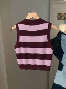 SHEIN Comfortcana Áo len croptop nữ kiểu dáng tối giản, màu nâu và hồng kẻ sọc. - Nhiều màu - Xem 2
