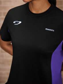 Powerista Women's Summer&Spring Fitness Sportswear Black And Purple Contrast Color Print Breathable Fabric Fit Football Sports Short Sleeves - Black - View 6