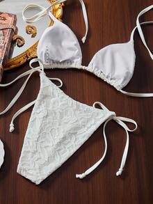 SHEIN Swim Vcay 女士蕾丝珍珠装饰露背系带性感比基尼套装，适合海滩度假 - 白色 - 查看 2