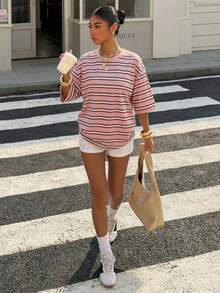 SHEIN EZwear Áo thun nữ cỡ lớn dáng rộng, họa tiết sọc phối màu, tay lửng, vai rớt, thích hợp mặc đi nghỉ mát và đi làm, mùa xuân/hè. - Hồng - Xem 5