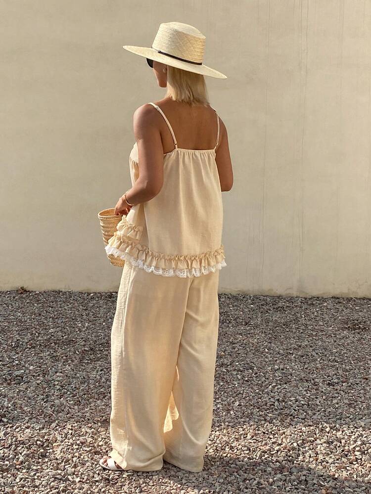 Women's Vacation Casual Lace Trim Ruffle Strap Wide Leg Pants 2 Pieces Set
