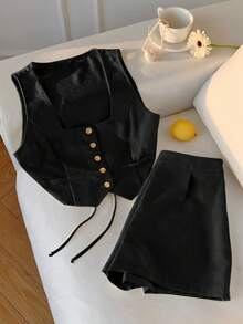 Conjunto de 2 piezas de mujer con cárdigan a rayas color albaricoque y shorts - Negro - Ver 6