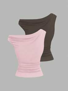 Sweetra 2pcs/Set Asymmetric Collar Fitted T-Shirt, Versatile Casual Top, Spring/Summer - Multicolor - View 2