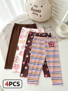 Souflis Souflis 4pcs Girls Soft Leggings,Cute Brown Polka,Floral,Bow,Striped Pattern Pants,Versatile Casual All-Match Summer Wear For Spring/Summer All Seasons - Multicolor - View 4