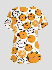 PopScrub Orange & Cat Print Nurse Scrub Uniform Top, V-Neck Short Sleeve Design With Pockets & Side Slits, Cute Scrub Top, Women's Nursing Scrub Uniform - Multicolor - View 2