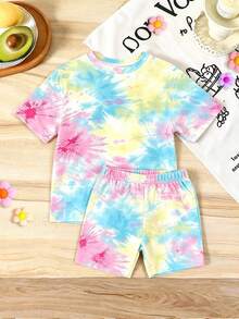 Zestaw 2 szt., Letni, nowy, miękki materiał, top z nadrukiem cyfrowym tie-dye i okrągłym dekoltem + legginsy z elastyczną talią, odpowiedni na plażę, wakacje i świąteczne wyjścia - Jasnoniebieski - Zobacz 3
