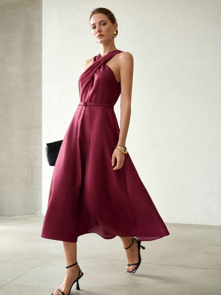 WOMEN'S SUMMER CROSSOVER NECK WAIST CINCHED PARTY EVENING DRESS, FOR DAILY WEAR