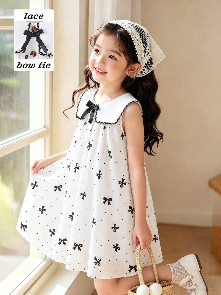 SHEIN Elladie kids 女童(小号)春夏简约时尚新款连衣裙,正面饰有黑色丝带蝴蝶结,白色底黑色蝴蝶印花绉纱面料,黑色简约荷叶边领,咖啡琥珀色纽扣半开襟无袖连衣裙,适合年轻女孩,韩式简约优雅风格,休闲时尚,适合日常、上学、外出、度假穿着。 - 白色 - 查看 1