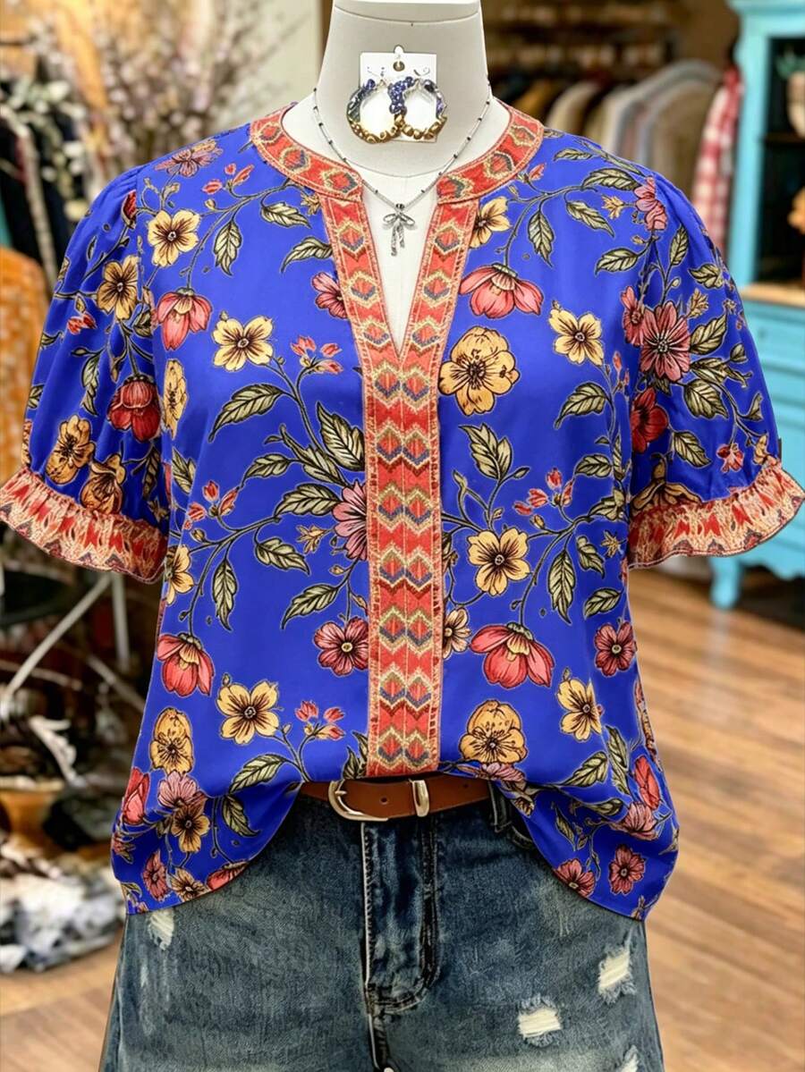 Linhara Large-Sized Woven Printed Casual Summer Women's Shirt - Royal Blue - View 1