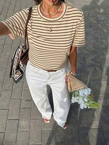 SHEIN Frenchy 女士条纹圆领短袖休闲百搭T恤 - 棕色 - 查看 3