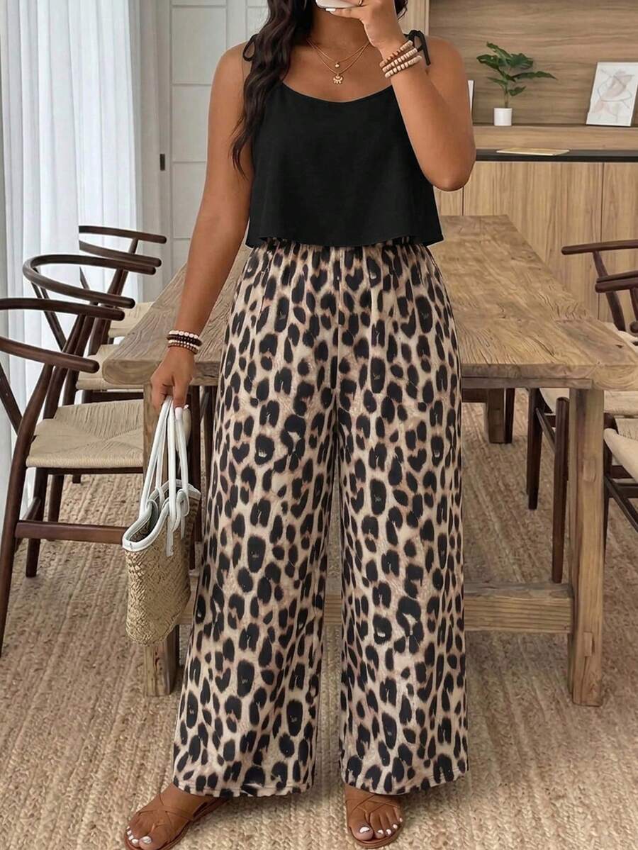 SHEIN Frenchy Bộ áo liền quần nữ cỡ lớn màu đen họa tiết da báo, thích hợp cho kỳ nghỉ hè. - Nhiều màu - Xem 1
