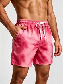 Manfinity Swimmode 夏季假期男士淺粉色印花沙灘短褲，休閒度假夏威夷熱帶泳褲，適合女性情侶泳池度假 - 紅色 - 查看 3