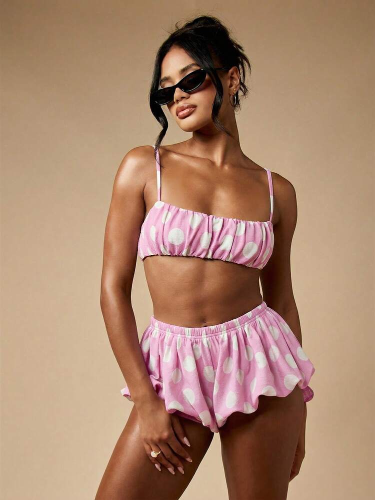 MISSGUIDED Two Piece Polka Dot Coord Set Bandeau Crop Top And Bubble Shorts Summer Beachwear Loungewear Matching Festival Outfit