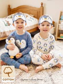 Cozy Pixies Bộ 4 món đồ chơi cho bé trai, họa tiết chim cánh cụt hoạt hình, chất liệu mềm mại, cổ tròn, tay ngắn và quần bó sát eo chun. - Xanh và trắng - Xem 1