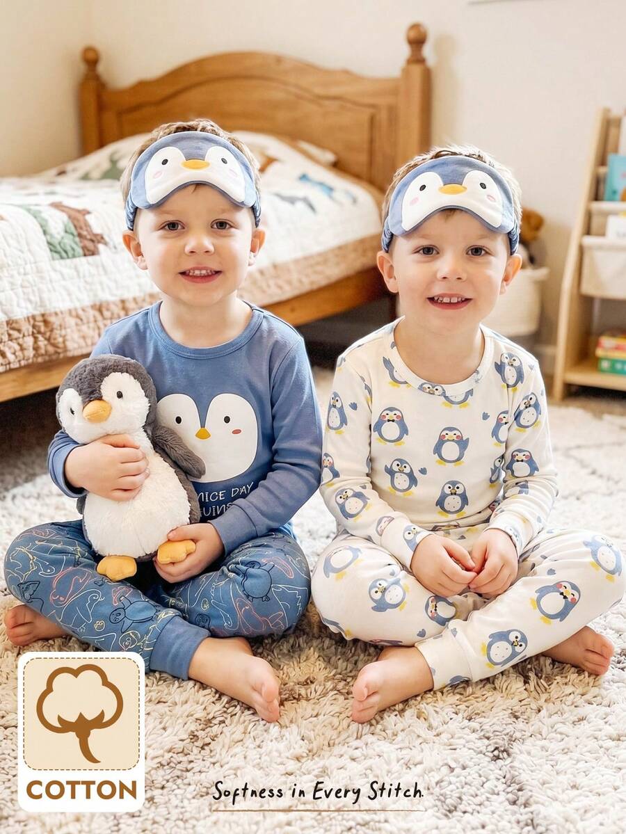 Cozy Pixies Bộ 4 món đồ chơi cho bé trai, họa tiết chim cánh cụt hoạt hình, chất liệu mềm mại, cổ tròn, tay ngắn và quần bó sát eo chun. - Xanh và trắng - Xem 1