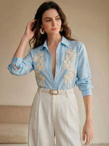 Anewsta Nueva llegada Primavera/Verano Elegante Moda Casual Salir de Vacaciones Cita Camisa de lino de manga larga bordada - Celeste - Ver 3