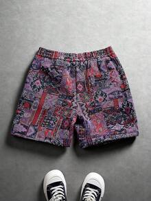 Manfinity Hypemode Men's Straight Leg Casual Shorts With Geometric Jacquard Pattern - Purple - View 2