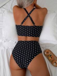 Swim Basics Conjunto de tankini y bikini con estampado de leopardo y escote en V para vacaciones de verano de mujeres 2025 - Multicolor - Ver 2