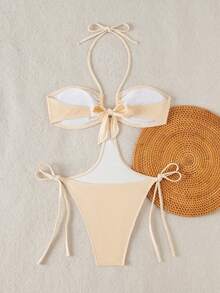 SHEIN Swim Vcay Bộ đồ bơi gợi cảm dành cho nữ, thích hợp cho kỳ nghỉ hè, chất liệu vải kẻ caro, thiết kế dây rút, cổ yếm điều chỉnh được, phù hợp cho bãi biển, khu nghỉ dưỡng, hồ bơi và tiệc tùng. - Màu be - Xem 2