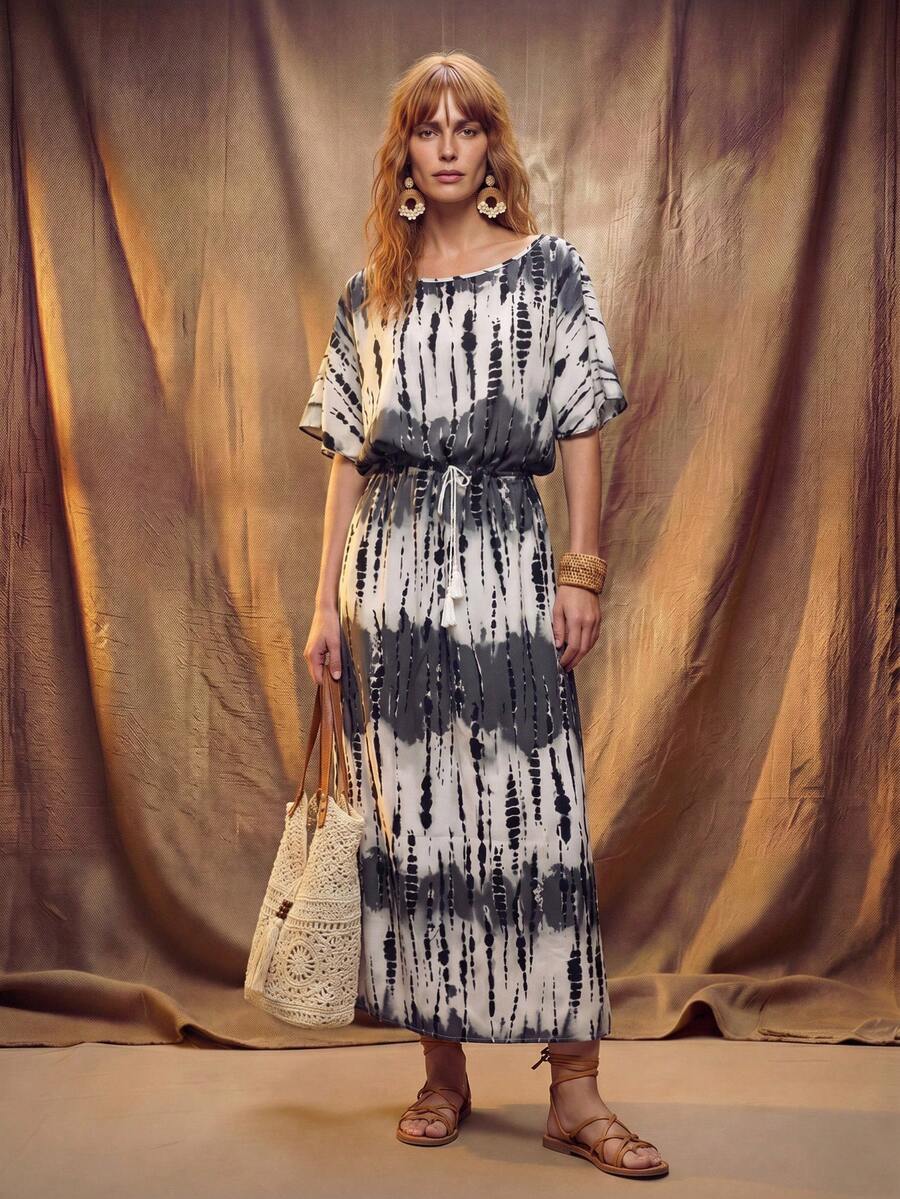Đầm dài xẻ tà, thắt eo, in họa tiết nhuộm tie-dye mới năm 2026 - Nhiều màu - Xem 1