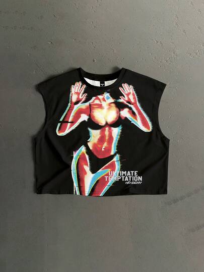 Manfinity ZONE917 Áo tank top dáng rộng, ngắn, thời trang đường phố, in hình dáng gợi cảm siêu thực, màu đen, kiểu racerback, thích hợp cho mùa hè (Chất lượng cao)