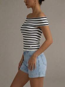 Ribbed Top With Bardot Neckline For Women - 黑與白 - 查看 3