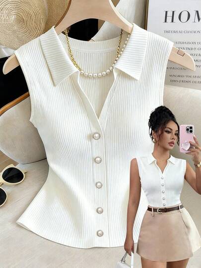 Franclia Sleeveless Ribbed Knit Slim Fit Tank Top For Women, Suitable For Summer, Spring, Valentine's Day, Romantic, Dating, Beach, Wedding, Birthday, Outing, Elegant, Casual, Vacation Women's Ribbed Sleeveless Polo Elegant Button-Down Sleeveless Top Women's Summer Knit Top Classy Sleeveless Blouse Collared Sleeveless Shirt Blouse For Women Elegant Classy Business Casual Women Tops Sleeveless Collared Top Ribbed Knit Top Pearl Button Top Tops For Women Elegant Women's Clothing