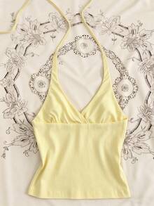 Airaco Women's Floral Embroidered Casual Halter Neck Tank Top - Light Yellow - View 2