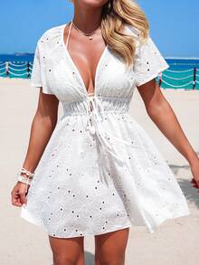 Zestiva Vestido de cubrir con escote en V bordado, cintura con lazo y mangas cortas para mujer, ideal para vacaciones - Blanco - Ver 3