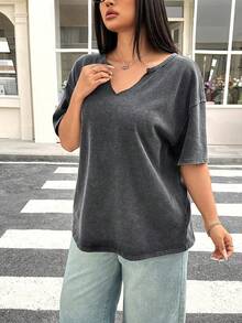 SHEIN EZwear Áo thun cổ chữ V tay ngắn rộng rãi, chất liệu cotton, màu đen, size lớn, giặt axit, mùa xuân/hè - màu đen - Xem 4