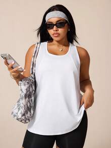 SHEIN Rhythm Era Plus Size Women Solid Color Sports Tank Top - White - View 7