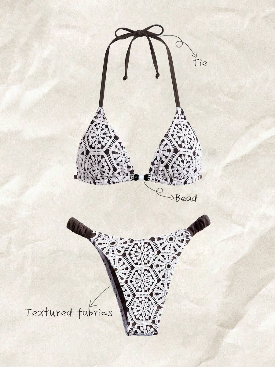 Elavelle Bộ bikini cổ yếm ren rỗng kiểu cổ điển, bikini nghỉ dưỡng bãi biển, bikini đi biển và spa dành cho nữ. - Nhiều màu - Xem 1